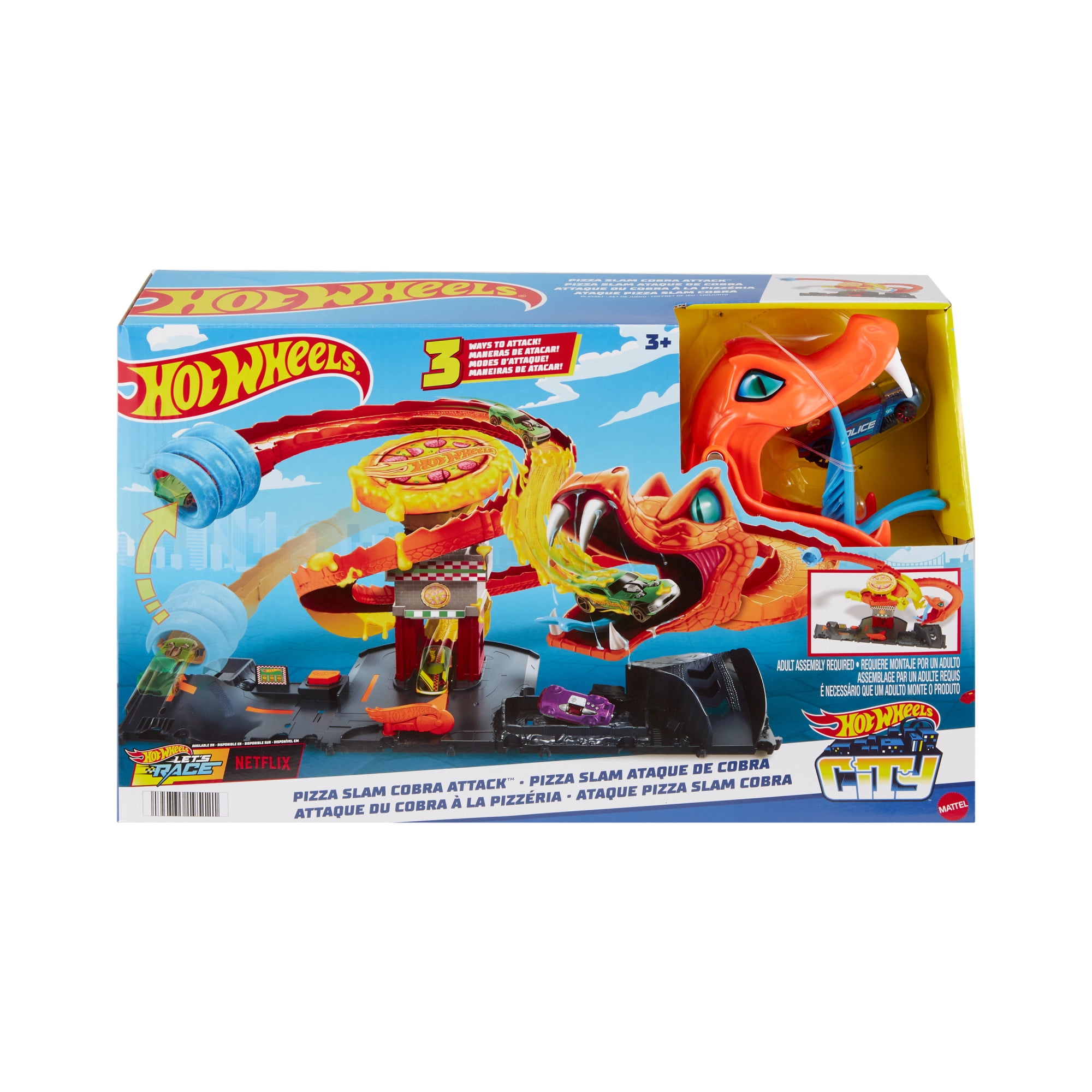 Hot Wheels City Track Set Pizza Slam Cobra Attack Playset with 1:64 Scale Toy Car for Kids, 24.51 in(图1)