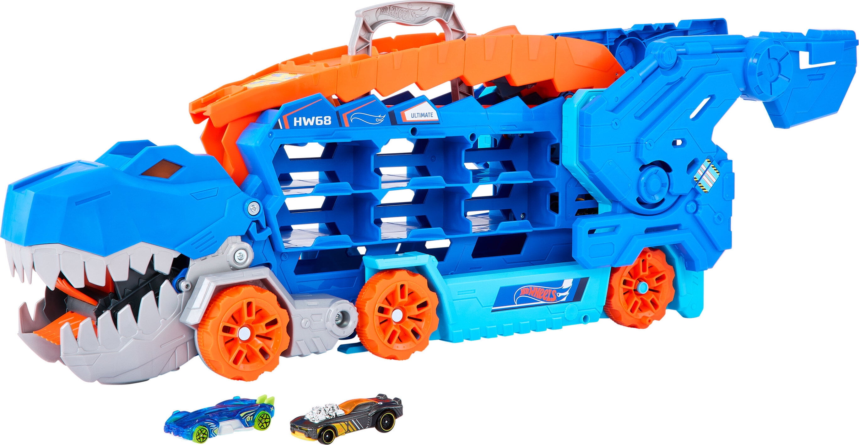 Hot Wheels City Ultimate Hauler, Transforms into a T-Rex with Race Track,  Stores 20+ Cars, 4Y+, Blue