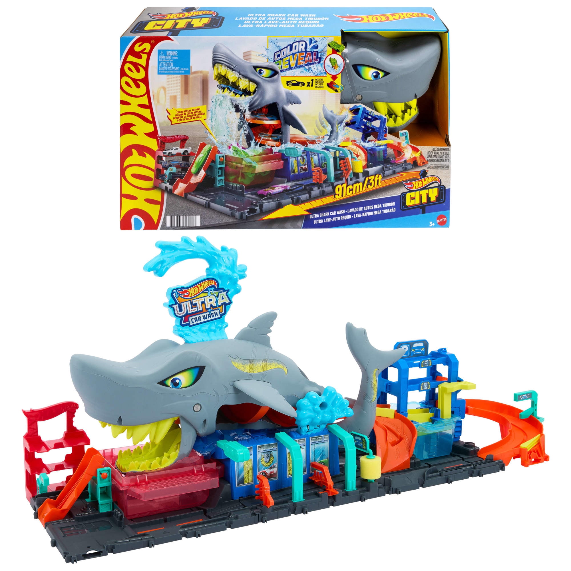 Hot Wheels City Ultra Shark Car Wash with Color Reveal Toy Car in 1:64 Scale, Ages 3-8, 8.34 in
