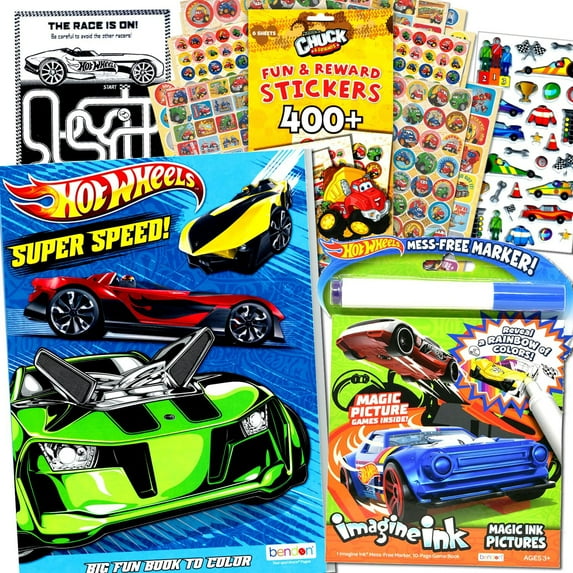 Hot Wheels Coloring Book Set for Kids Bundle with Hot Wheels Car Activity Books, Sticker Pads, Hot Wheels Hot Rod Imagine Ink Coloring and More