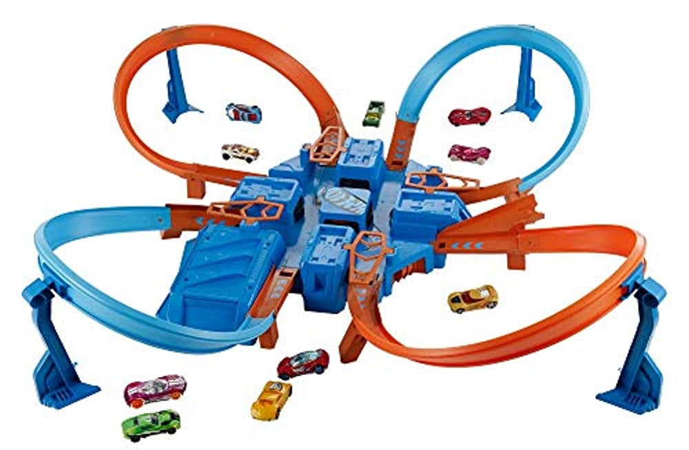 Hot Wheels Criss Cross Crash Motorized Track Set 4 High Speed Crash Zones 4 Way Booster 4 Loops Includes 1 DieCast Vehicle Ages 4 to 10 Years Old