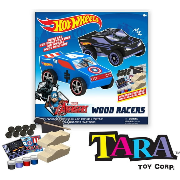 Hot Wheels DIY Toy Wood Car Racers - 2 Pack (Marvel Advengers Black Panther & Captain America)