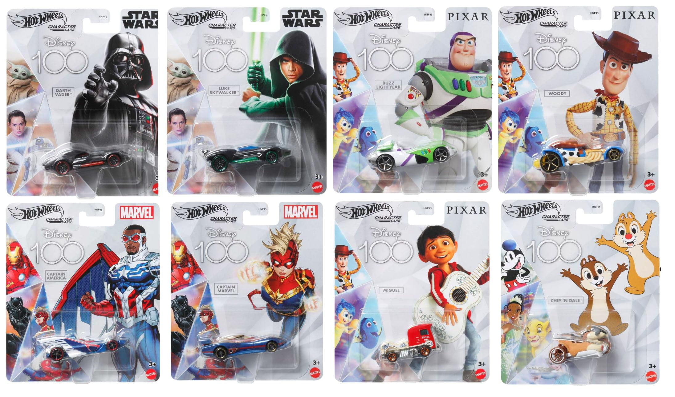Hot Wheels Disney 100 Collectible Die-Cast Cars, 8-Pack Set, Star Wars, Marvel, Pixar Characters, Ages 3+ HNP45-956D