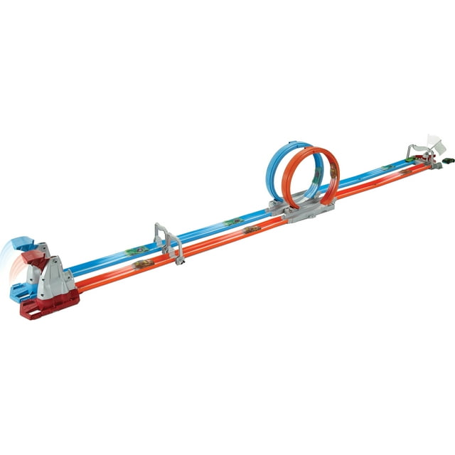 Hot Wheels Double Loop Dash Track Set with 2 Toy Cars in 1:64 Scale, 12-ft Long, Ages 5 and up