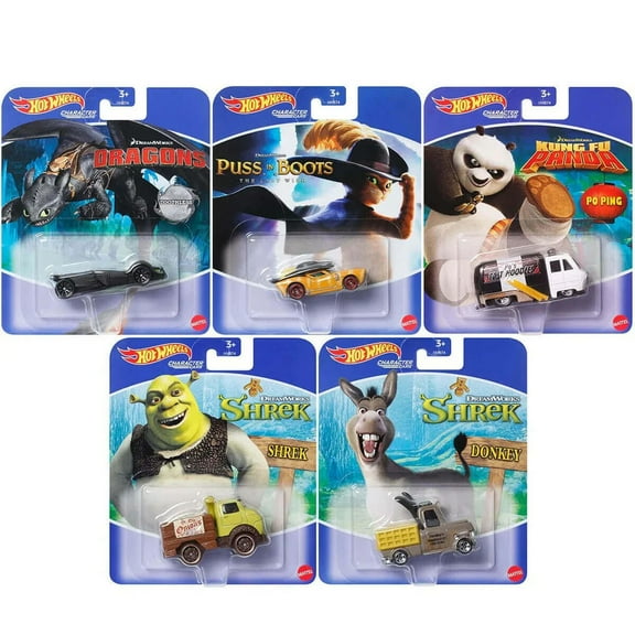 Hot Wheels DreamWorks Character Cars Collection Set, 5-Pack, Dragons, Puss in Boots, Kung Fu Panda, Shrek HHB74-956M