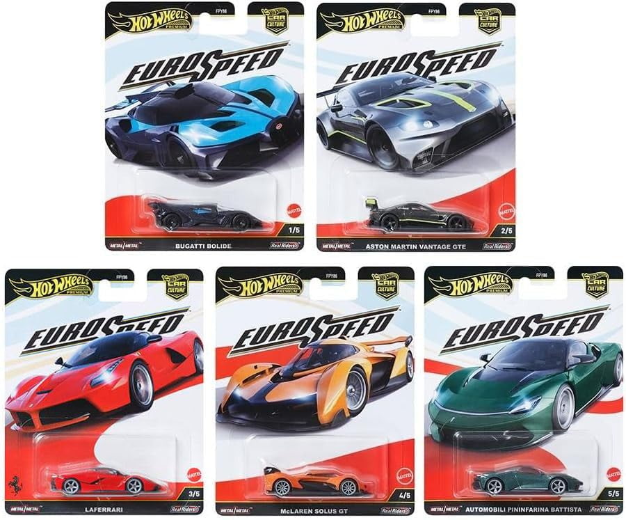Hot Wheels Euro Speed Premium Collection, Die-Cast Cars Set, Bugatti Bolide, Aston Martin, Ferrari, McLaren, 5-Pack Luxury Sports Cars FPY86-961L