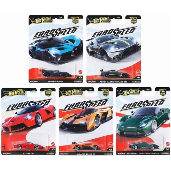 Hot Wheels Euro Speed Premium Collection, Die-Cast Cars Set, Bugatti Bolide, Aston Martin, Ferrari, McLaren, 5-Pack Luxury Sports Cars FPY86-961L