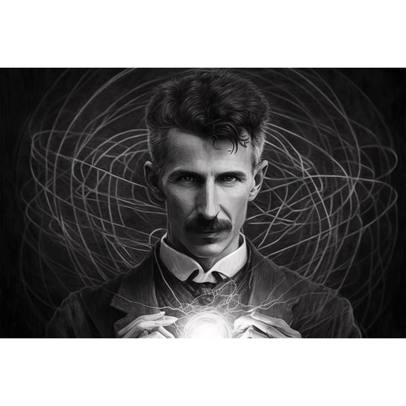 24x36 gallery poster, Nikola Tesla holding ball of electricity