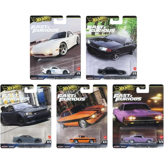 Hot Wheels Fast & Furious Die-Cast Cars Collection, 5-Pack Set, Mazda RX-7, Nissan Skyline, Dodge Charger Hellcat