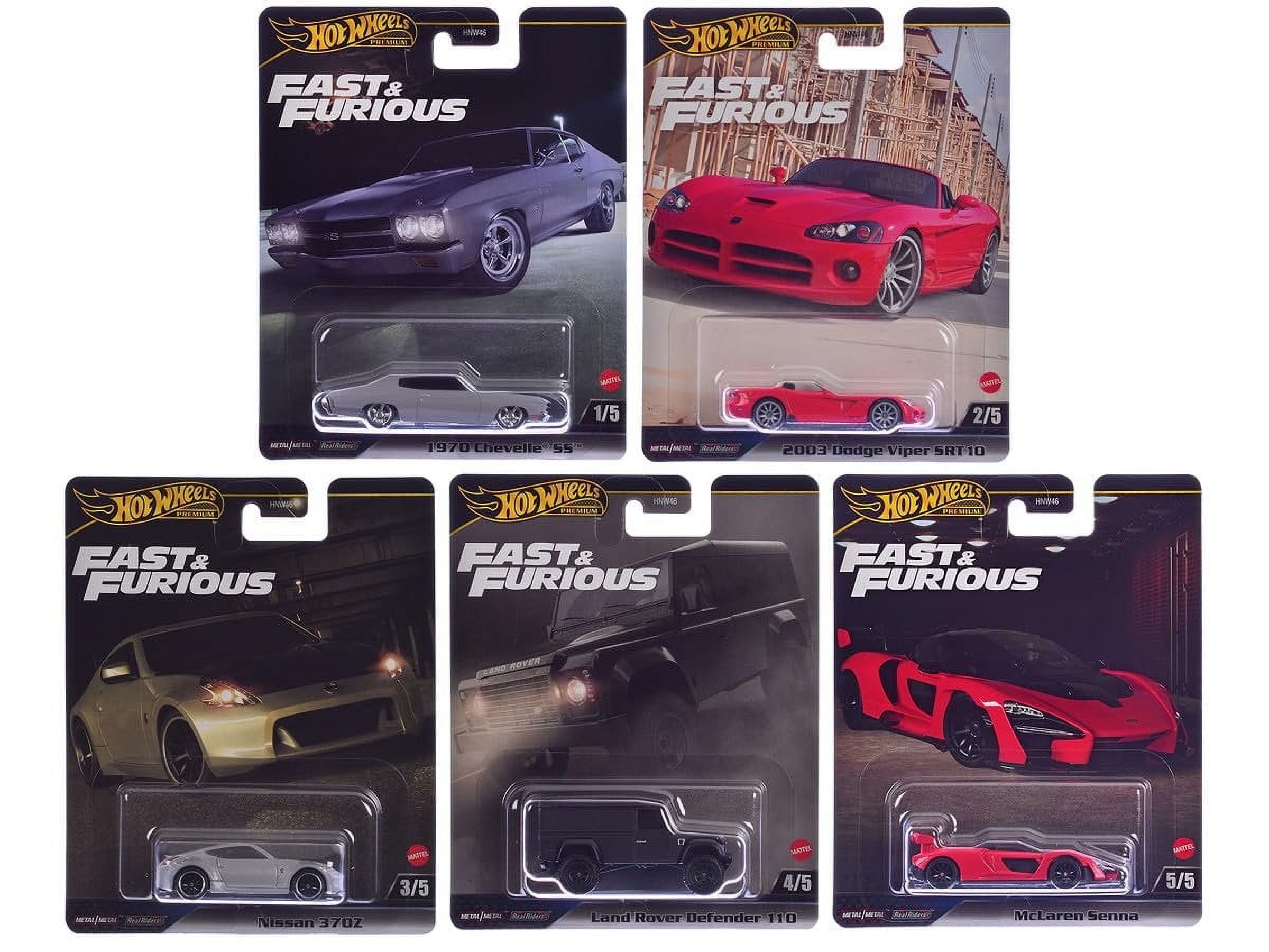 Hot Wheels Fast & Furious Premium Die-Cast Cars Collection, 5-Pack Set, 1970 Chevelle SS, Dodge Viper, Nissan 370Z, Land Rover Defender, McLaren Senna HNW46-956J