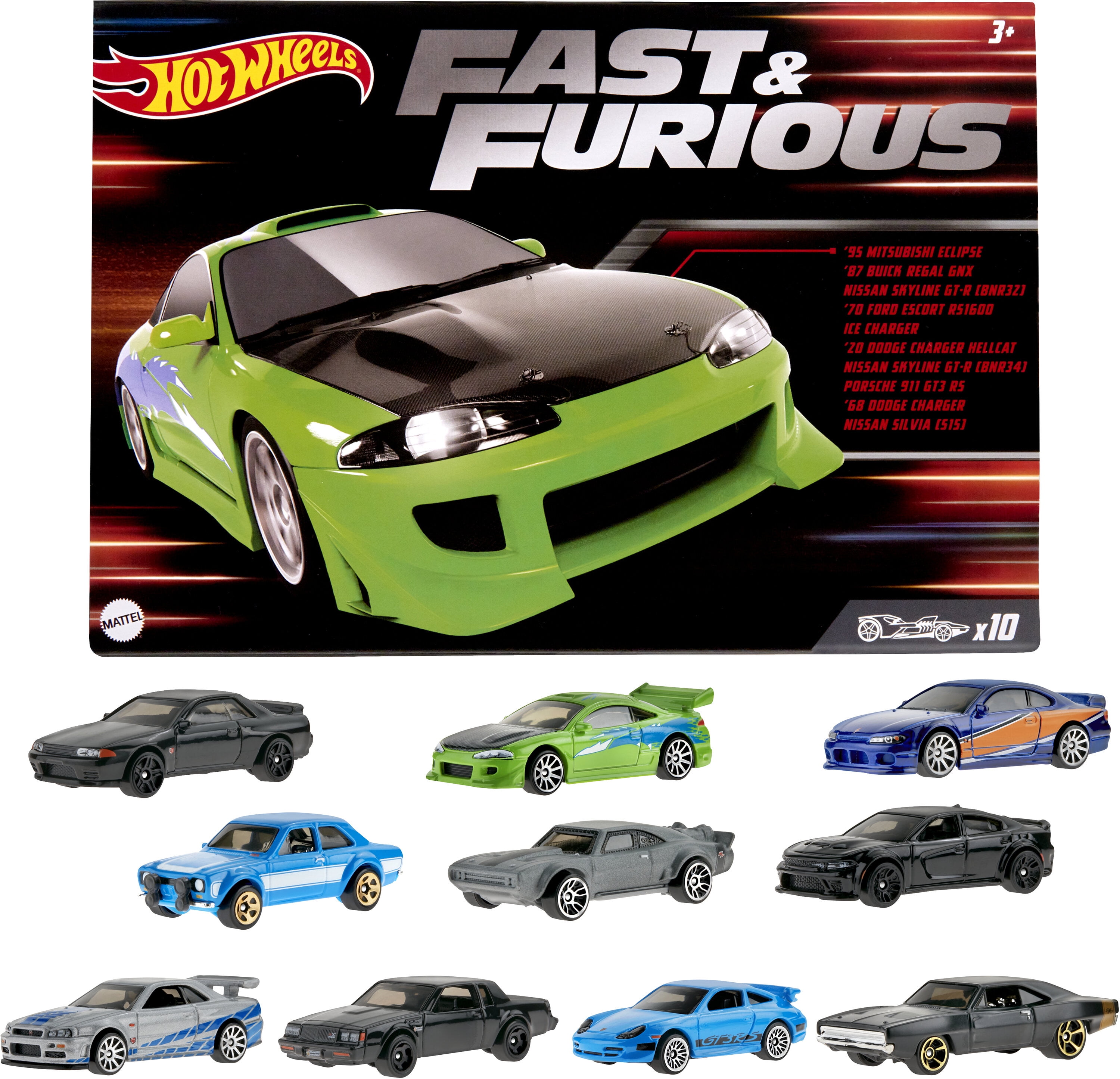 Hot Wheels Fast & Furious Set of 10 Vehicles in 1:64 Scale with 2 Exclusive  Cars