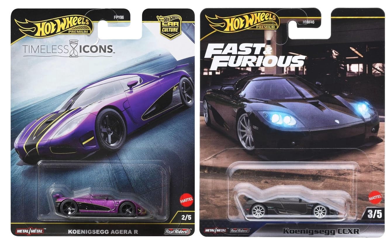 Hot Wheels Fast & Furious Timeless Icons Premium Diecast Cars, Koenigsegg CCXR and Agera R, Purple and Black, Metal, 2-Pack Collection