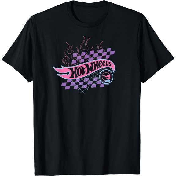 Hot Wheels - Flaming Logo With Checkered Background T-Shirt