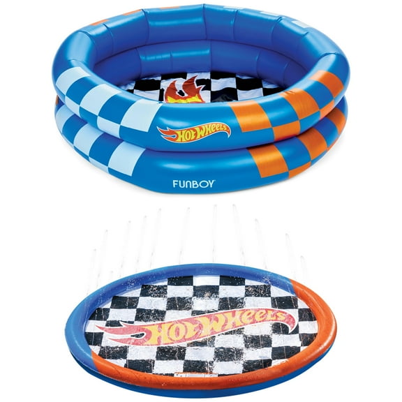 Hot Wheels + Float Life by Funboy Inflatable Round 2-Ring Pool, 48" Diameter, Children Ages 6+ Including Hot Wheels Splash Pad