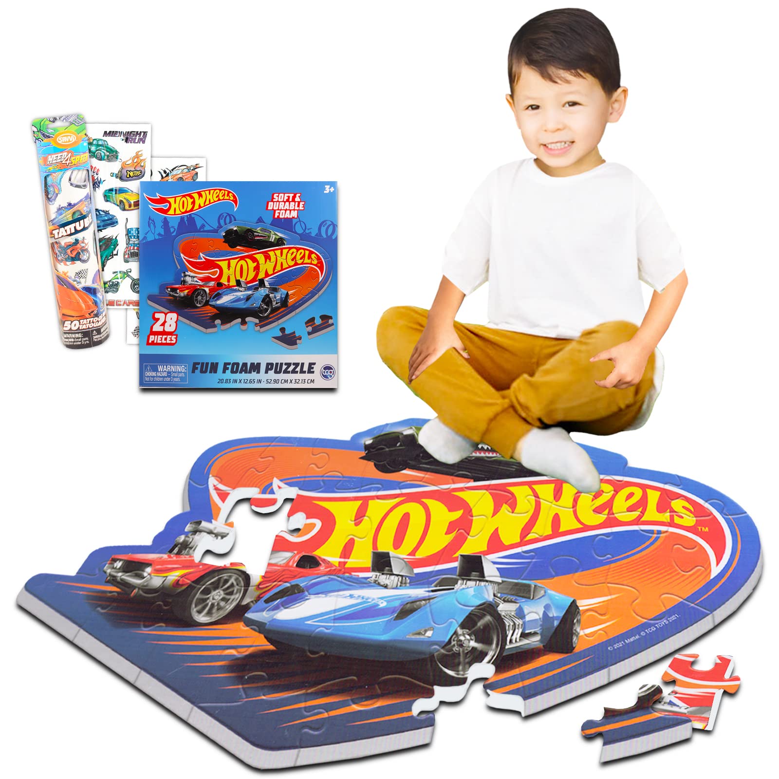 Hot Wheels Floor Puzzle EC36 for Kids Bundle with 28 Pc Hot Wheels Floor Puzzle Play Mat with