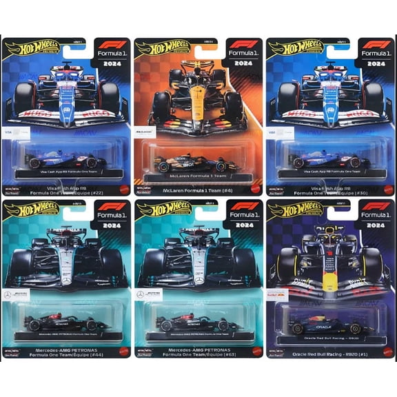 Hot Wheels Formula 1 2024 Die-Cast Racing Cars Set of 6, McLaren, Mercedes-AMG Petronas, Red Bull Racing, Visa Cash App RB Teams HRV11-956H