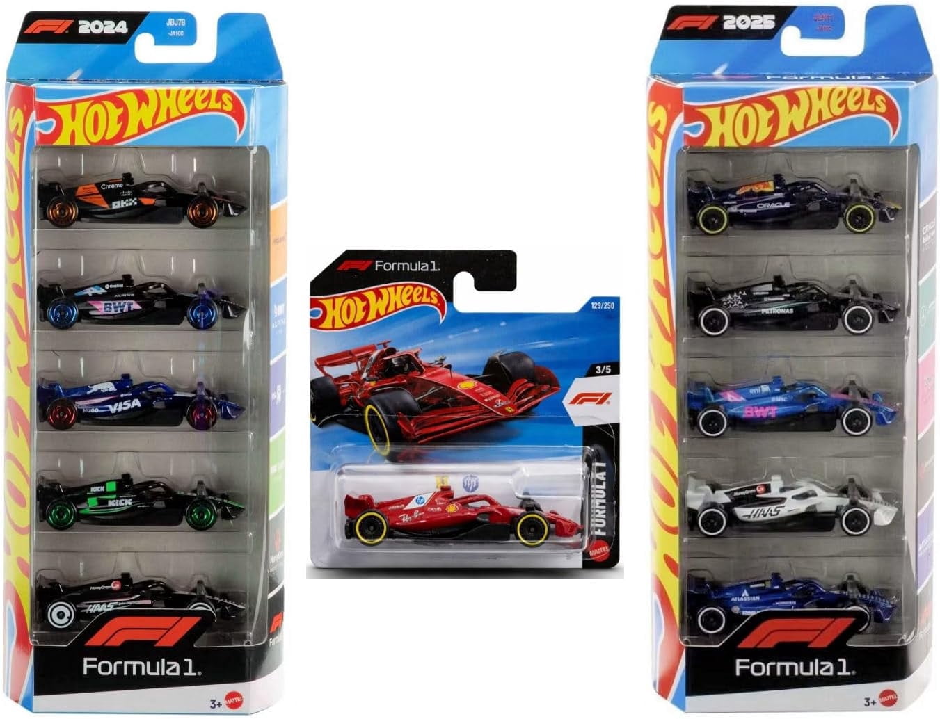 Hot Wheels Formula 1 Die-Cast Cars, Bundle of F1 2024 & 2025 Teams 5 Packs and Scuderia Ferrari HP Short Card, Ages 3+