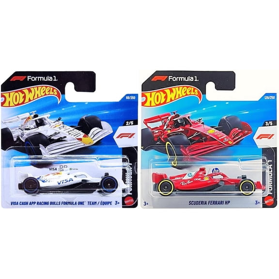 Hot Wheels Formula 1 Die-Cast Cars Short Cards, Scuderia Ferrari HP and Visa Cash App Racing Bulls, 2-Pack, Ages 3+