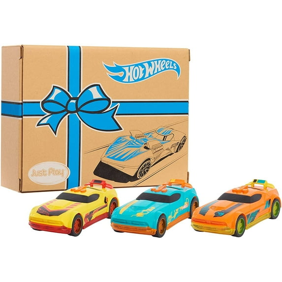 Hot Wheels Glow Riders 3-Pack Set, Red Teal and Yellow Toy Cars with Lights and Sounds, by Just Play