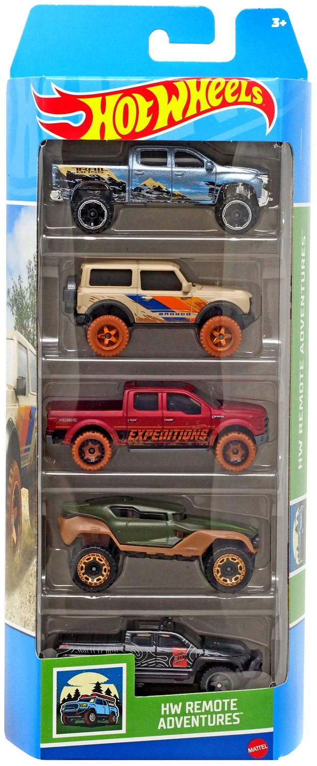 Hot Wheels HW Remote Adventures Off-Duty, '15 Ford F-150, '21 Ford Bronco, Hyper Rocker, '19 Chevy Silverado Trail Boss LT Die Cast Car 5-Pack