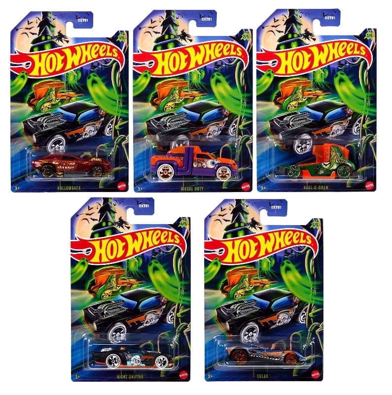 Hot Wheels Halloween Spooky Series Die-Cast Cars, Set of 5, Hollowback, Diesel Duty, Haul-O-Gram, Night Shifter, Culor DXT91-979H