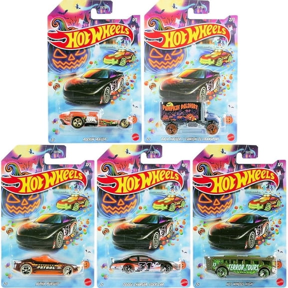 Hot Wheels Halloween Theme Die-Cast Toy Cars Set of 5, Includes Rockin' Railer, Baja Hauler, Alpha Pursuit, Dodge Charger Stock Car, Hot Wheels High DXT91-979J