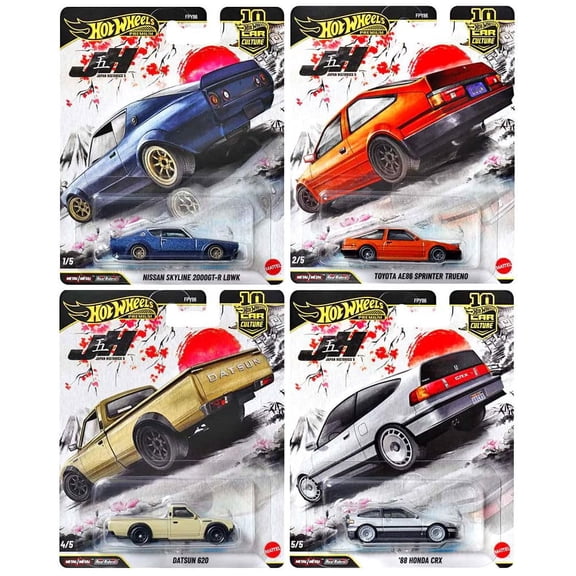 Hot Wheels Japan Historics 5 Premium Die-Cast Collection, 4 Pack Set with Nissan Skyline, Toyota Trueno, Datsun 620, Honda CRX, Car Culture Series