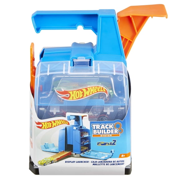 Hot Wheels Track Builder Display Launcher with 2 Toy Cars, Holds 6 1:64 Scale Vehicles