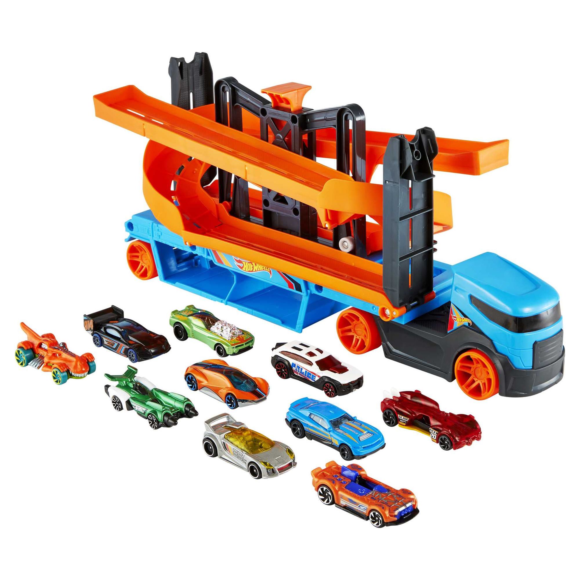Hot Wheels Lift & Launch Hauler Toy Truck with 10 Cars in 1:64 Scale, Transporter Stores 20 Vehicles - image 1 of 6