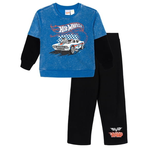 Hot Wheels Little Boys' Fleece 2-Piece Sweatshirt and Pants Set Blue Black