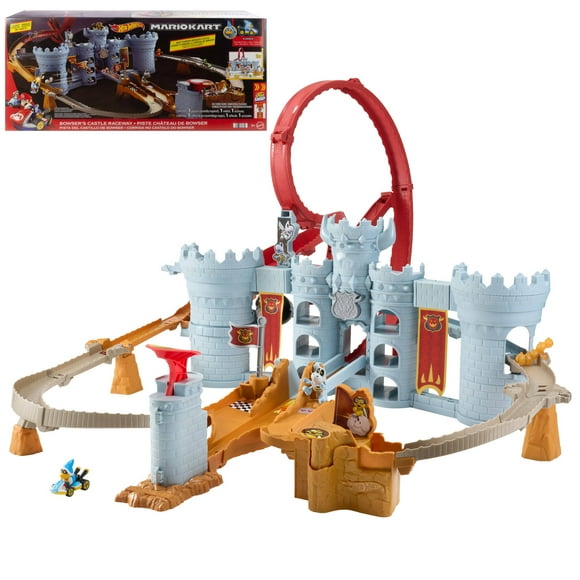 Hot Wheels Mario Kart Bowser's Castle Track Set with 1:64 Scale Die-Cast Kamek Toy Vehicle & Storage