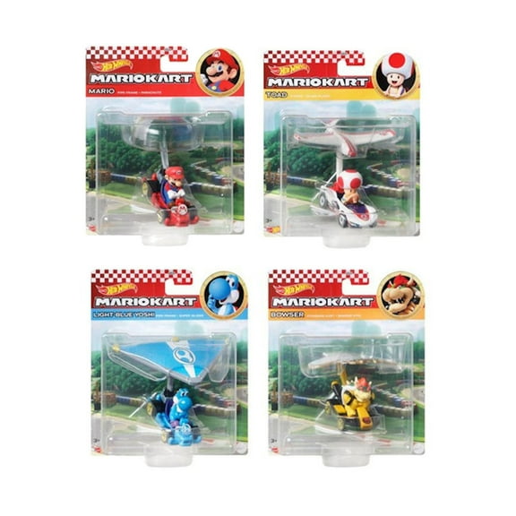 Hot Wheels Mario Kart Character Gliders Set, Bowser, Light-Blue Yoshi, Mario, Toad, 4 Pack GVD30-956M