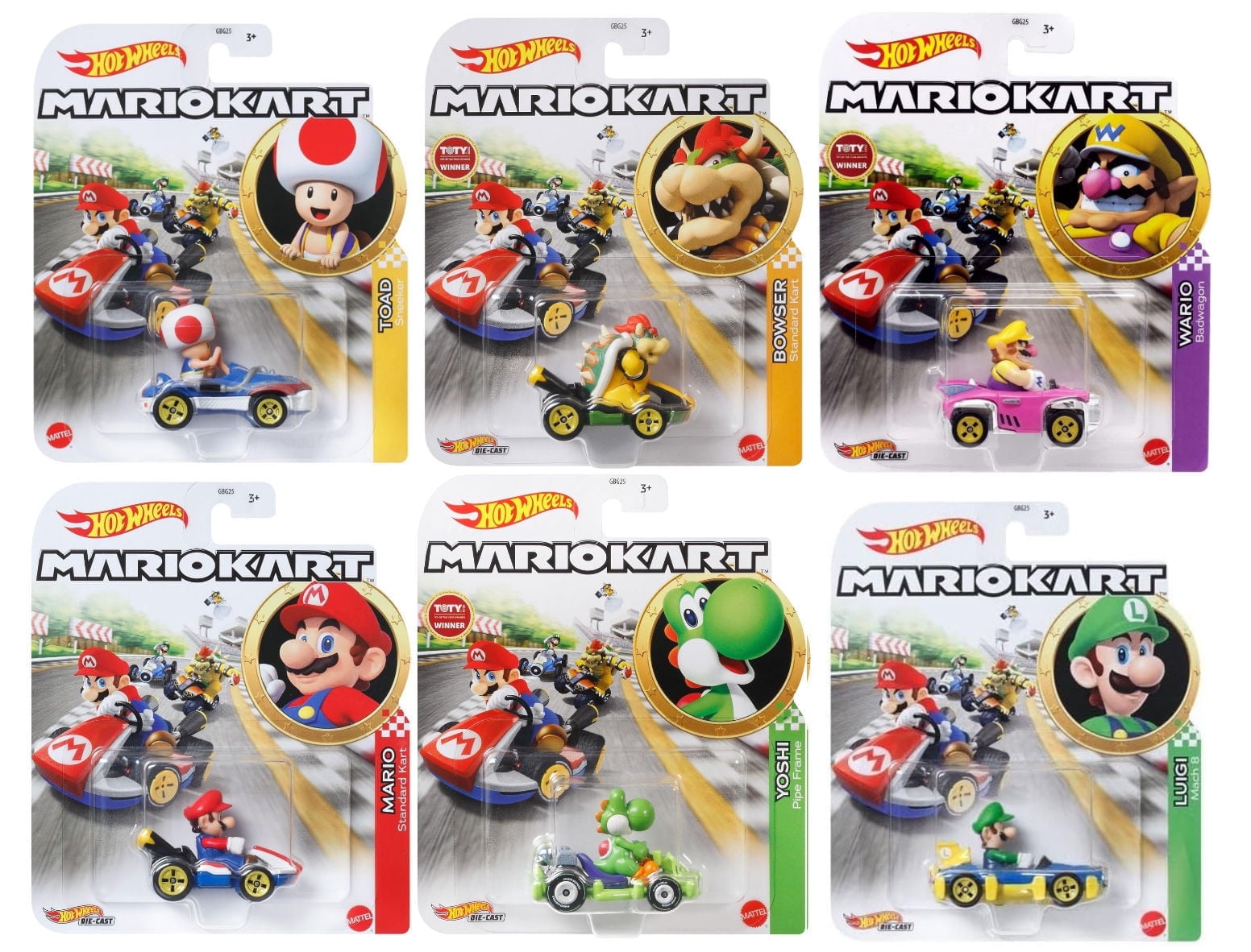 Hot Wheels Mario Kart Die-Cast Character Cars Collection, 6-Pack Set with Mario, Luigi, Yoshi, Toad, Bowser, Wario GBG25-957G