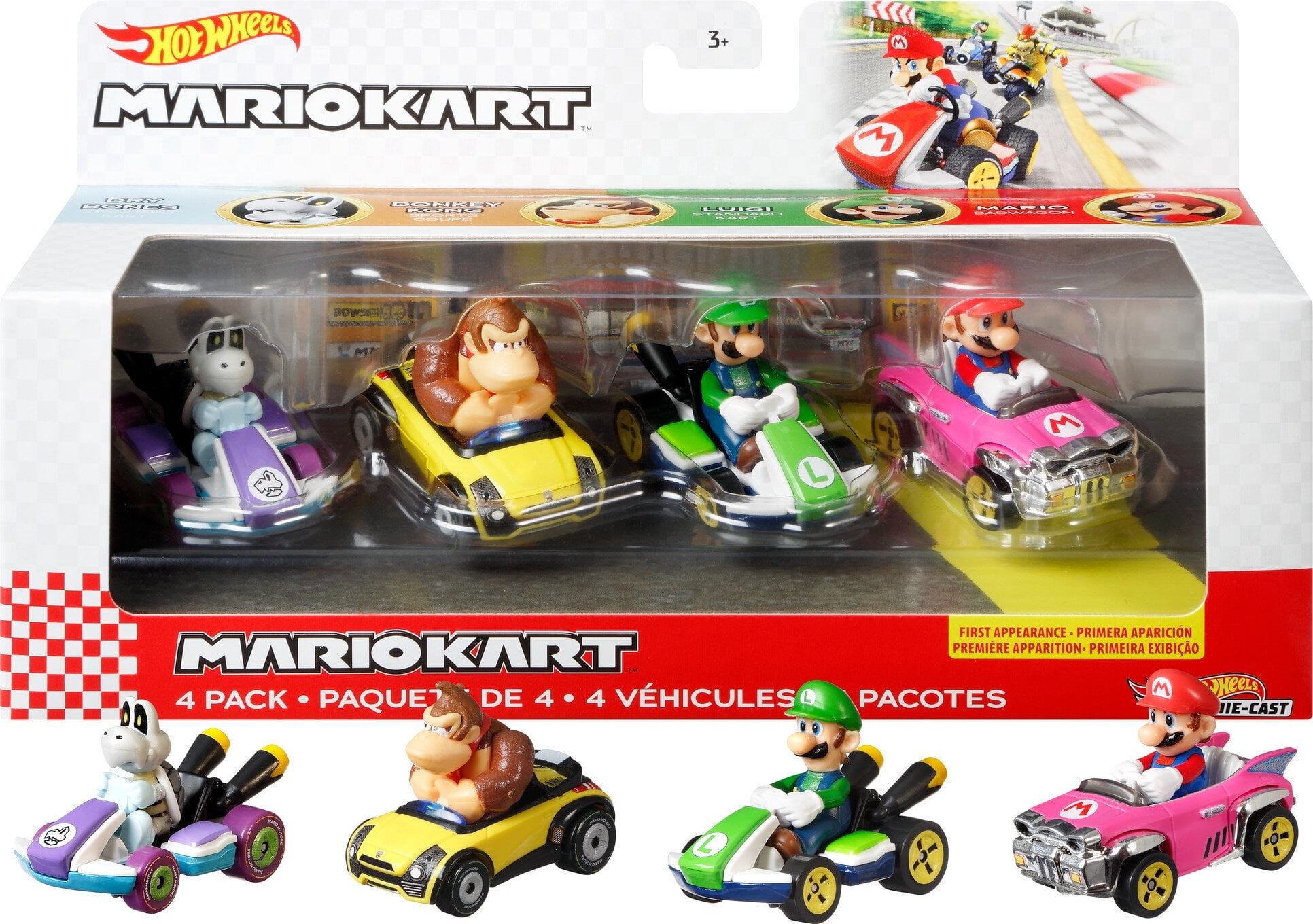 Hot Wheels Mario Kart Set of 4 Toy Character Vehicles, Includes 1