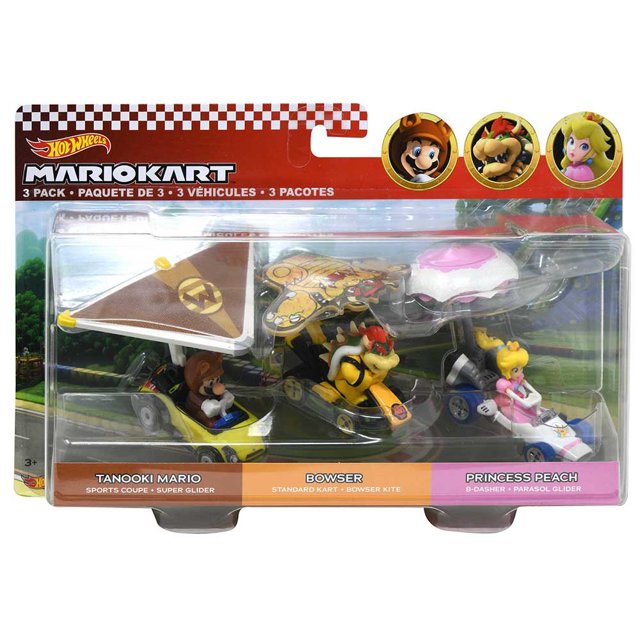 Hot Wheels Mario Kart Vehicle 3Pack Set of Toy Cars with Gliders Inspired by Tanooki Mario