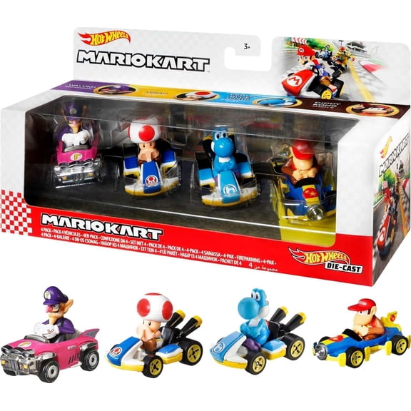 Hot Wheels Mario Kart Vehicle 4-Pack, Set of 4 Includes 1 Exclusive Model, Gift for Ages 3+ Featuring Waluigi Badwagon, Toad Standard Kart, Light-Blue Yoshi Standard Kart, Diddy Kong Mach 8