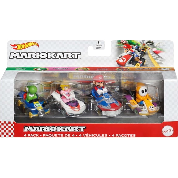 Hot Wheels Mario Kart Vehicles 4-Pack 1:64 Scale with 4 Fan-Favorite Characters Including Yoshi Mach-8, Princess Peach P-Wing, Mario Sneeker, Orange Shy Guy Standard Kart