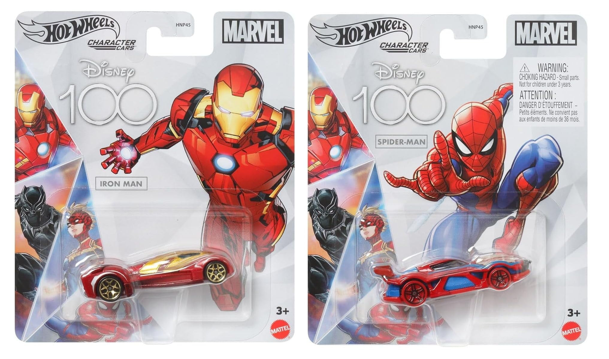 Hot Wheels Marvel Disney 100 Character Cars, Iron Man and Spider
