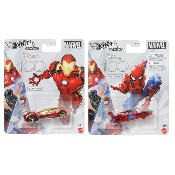 Hot Wheels Marvel Disney 100 Character Cars, Iron Man and Spider-Man Die-Cast Vehicles, 2-Pack, Ages 3+