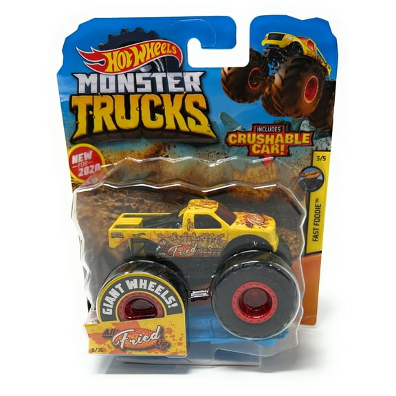Hot Wheels Monster Truck All Fried Up Fast Foodie 3/5 1:64 Scale Die-Cast includes Cushable Car for Kids age 3 - 8 Years Old, Collectible Toy Truck with BIG Wheels for Crashing and Smashing