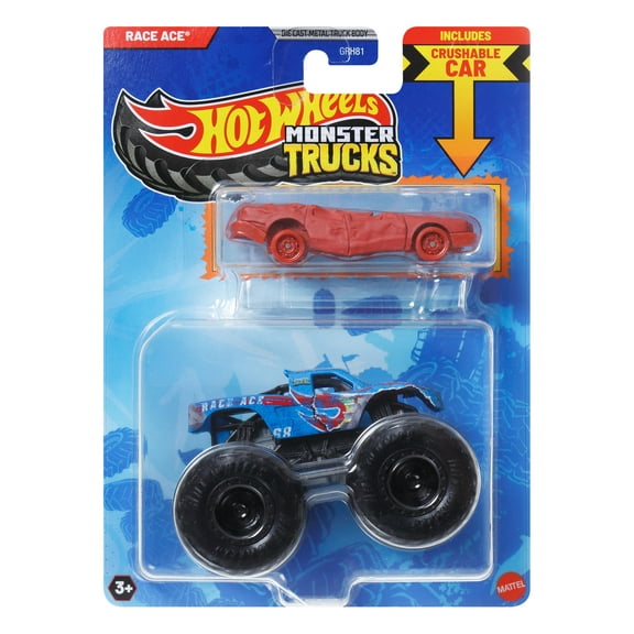 Hot Wheels Monster Truck & Car, 1:64 Scale Die-Cast Truck & Car (2 Vehicles) (Styles May Vary)