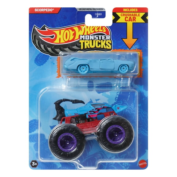 Hot Wheels Monster Truck & Car, 1:64 Scale Die-Cast Truck & Car (2 Vehicles) (Styles May Vary)