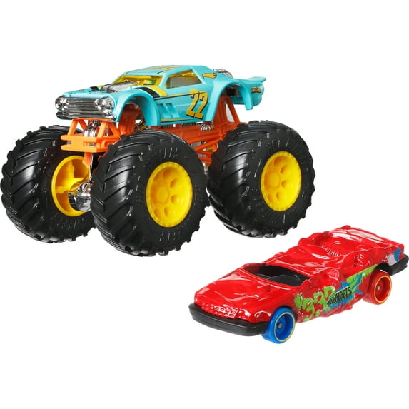 Hot Wheels Monster Truck & Car, 1:64 Scale Die-Cast Truck & Car (2 Vehicles) (Styles May Vary)