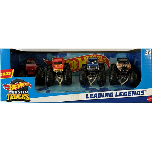 Hot Wheels Monster Trucks 1:64 Scale 2023 Leading Legends Play Vehicles, 4 Pack
