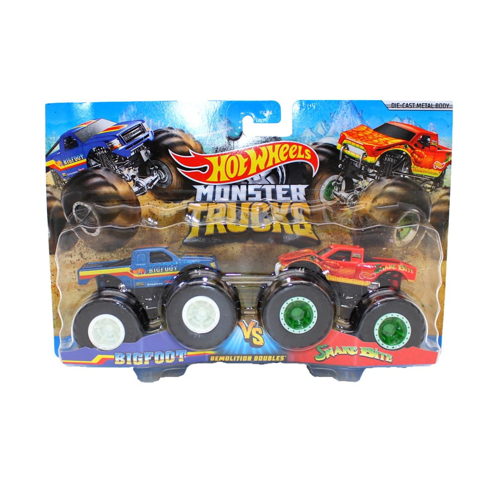 Hot Wheels Monster Trucks 1:64 Scale Demolition Doubles, Bigfoot vs Snake Bite