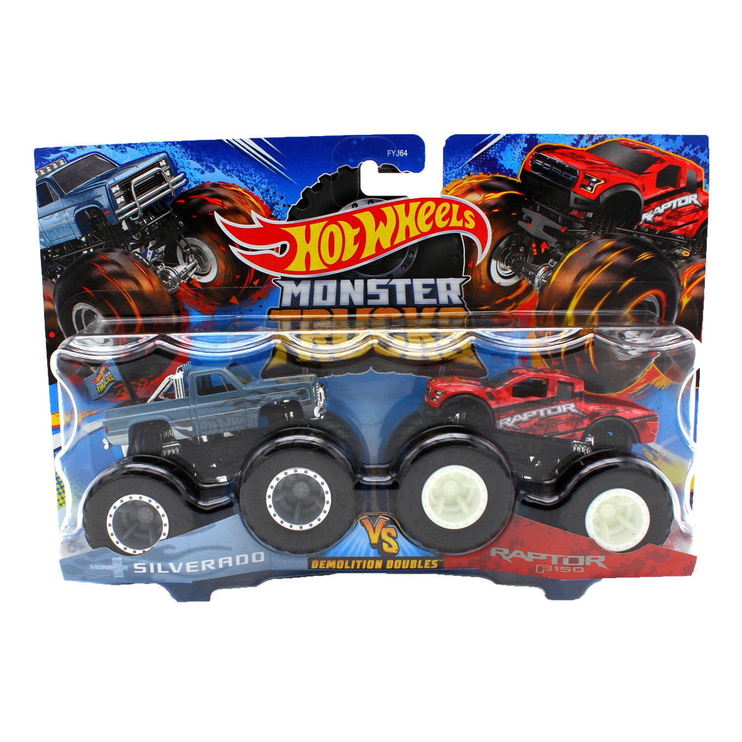 Hot Wheels Monster Trucks 1:64 Scale Demolition Doubles, Silverado vs F150 Raptor