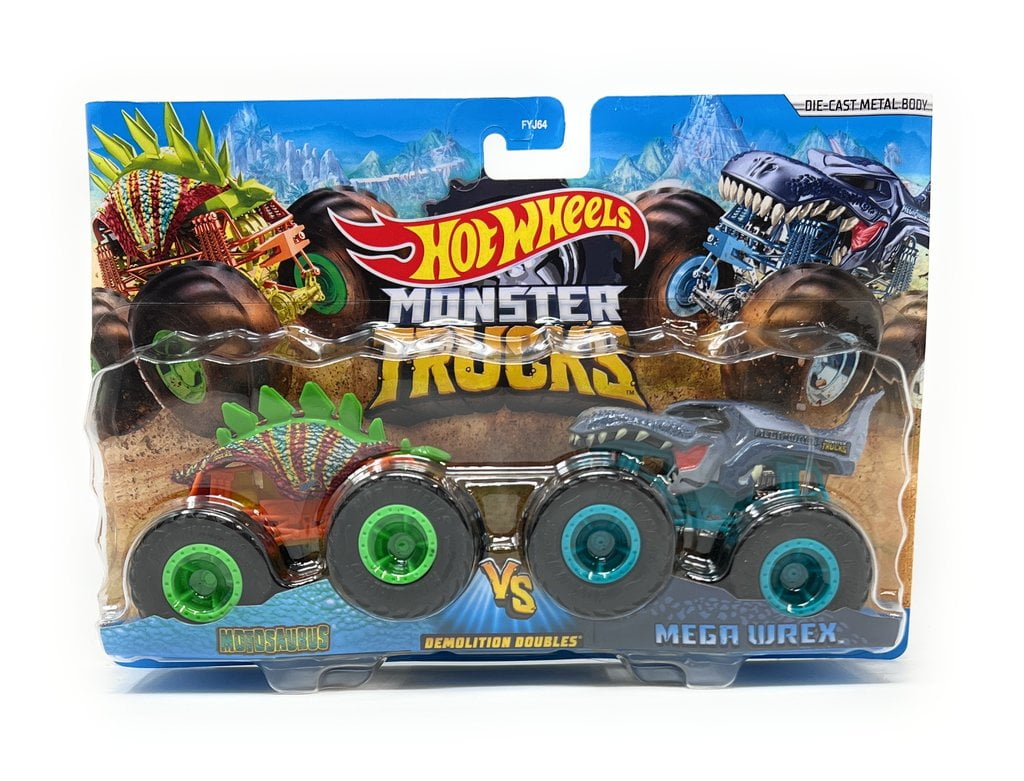 Hot Wheels Monster Trucks 1:64 Scale Die-Cast Motosaurus vs Mega Wrex Demolition Doubles 2-Pack for Kids age 3 - 8 Years Old, Collectible Toy Truck with BIG Wheels for Crashing and Smashing