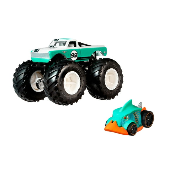 Hot Wheels Monster Trucks 1:64 Scale Vehicles 2 Pack; 1 Die-Cast Truck & 1 Car
