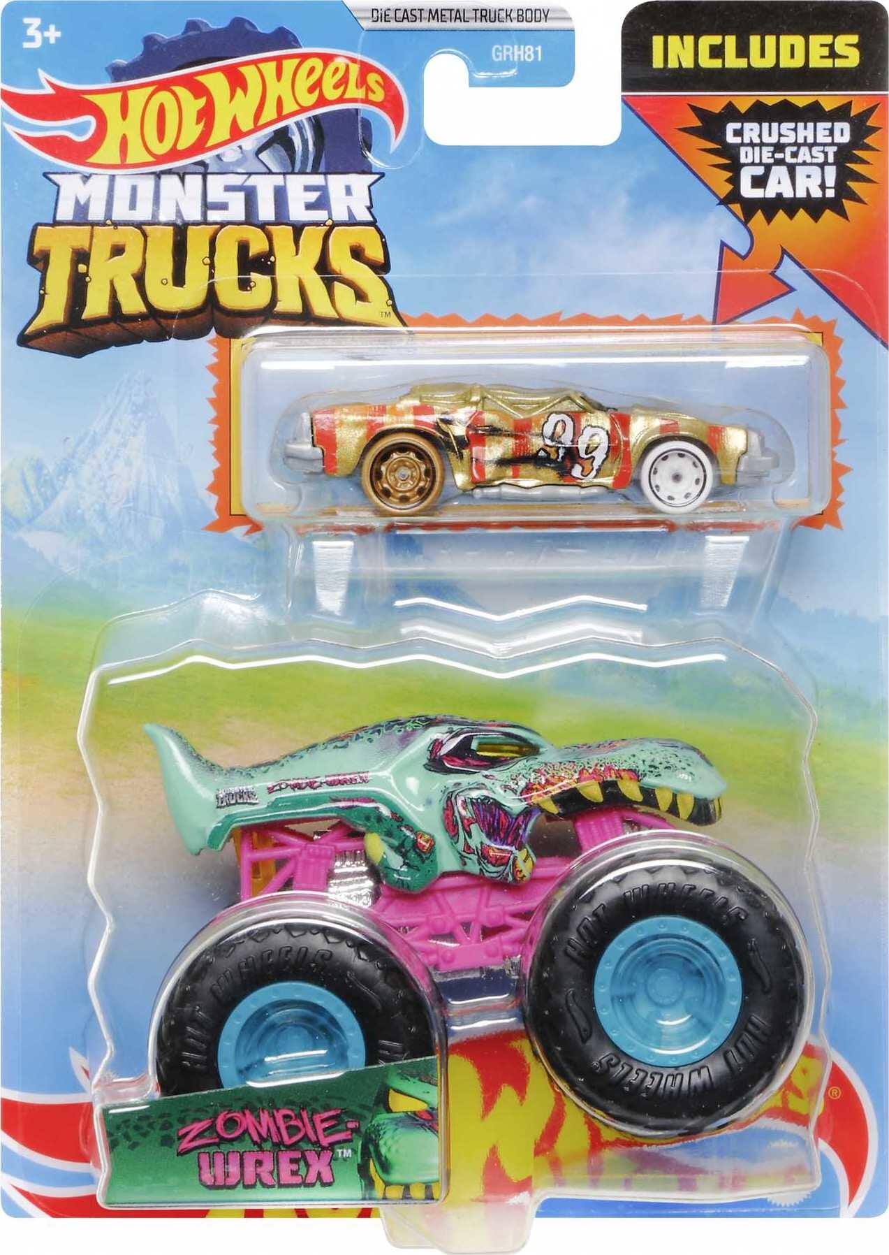 Hot Wheels Monster Trucks 1:64 Scale Vehicles 2 Pack; 1 Die-Cast Truck & 1 Car