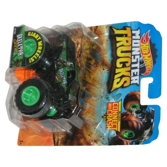 Hot Wheels Monster Trucks (2018) Skeleton Crew Green Toy Truck #24/50 w/ Connect & Crash Car
